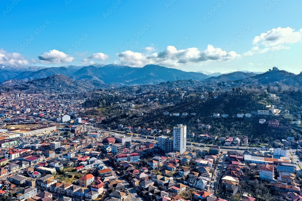 View of the city of Batumi, sea, mountains from a drone