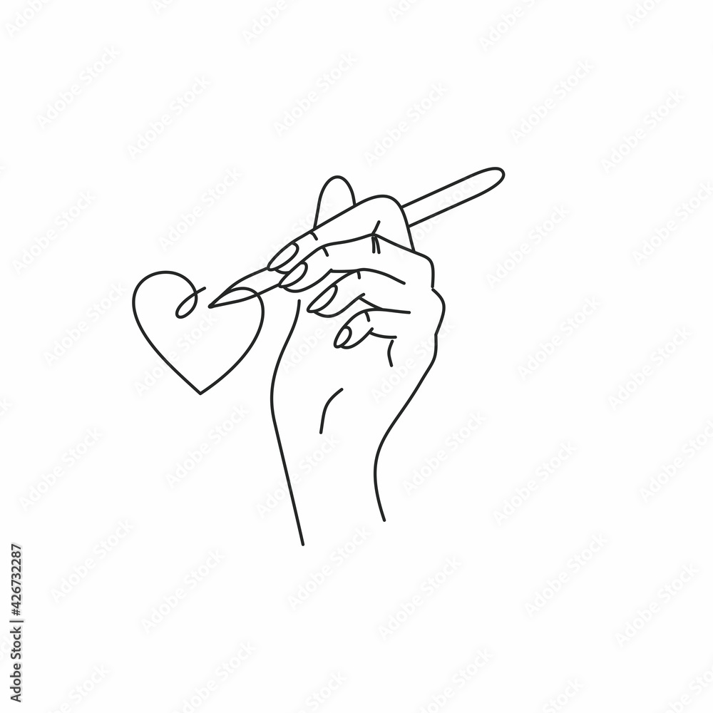 Linear vector drawing of hand and pencil. The hand draws a heart. Feedback icon. Social network. Linear vector drawing of hand and pencil. The hand draws a heart. Feedback icon. Social network.