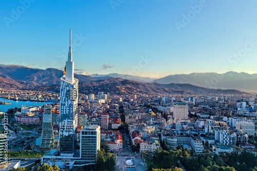 Batumi, Georgia - April 7, 2021: Afavit Tower, University, drone view