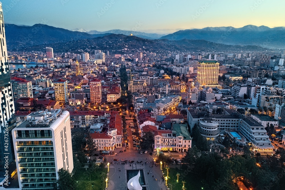 Panorama of the night city of Batumi from the drone, Adjara, Georgia