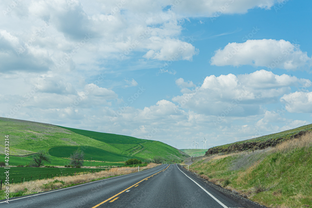 Travel-On Two-Lane Blacktop Road in the Farm Country of Eastern Washington State