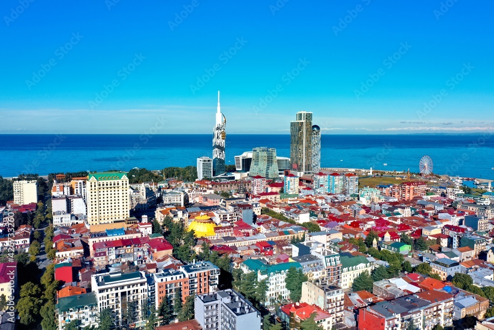 Panoramic view of Batumi, Georgia. View of the center of Batumi and the promenade and the beach