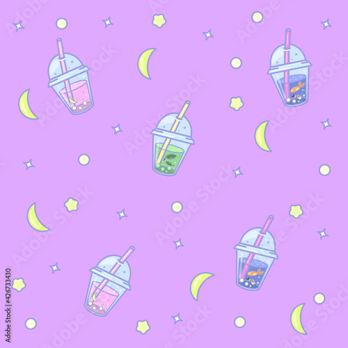 Cute pattern with bubble tea on purple background
