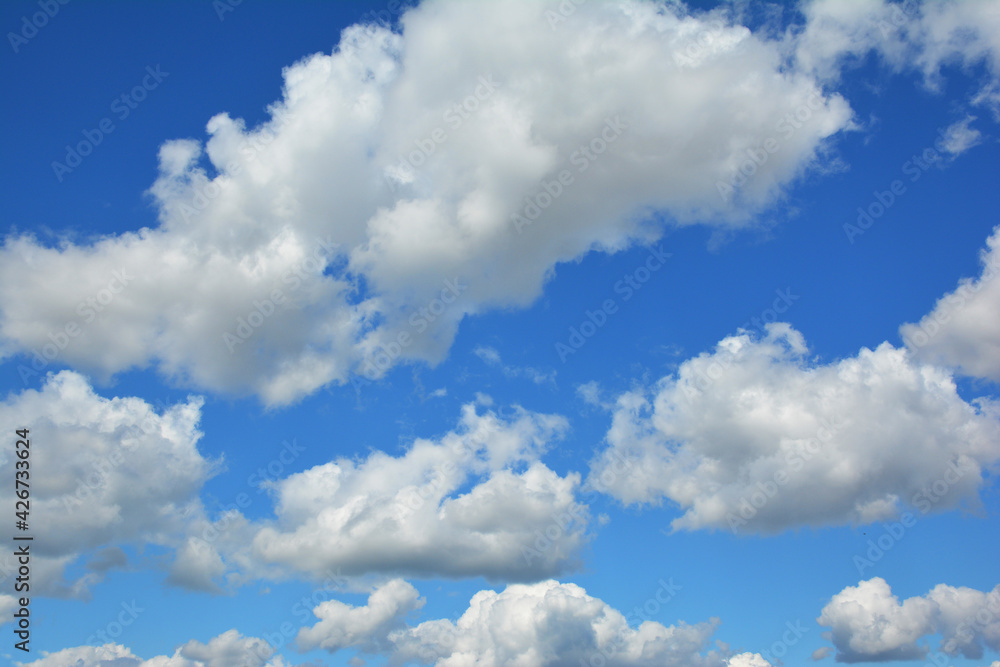 The blue sky with white clouds background. White cumulus clouds in a blue sky. The blue sky with white clouds background. White cumulus clouds in a blue sky.
