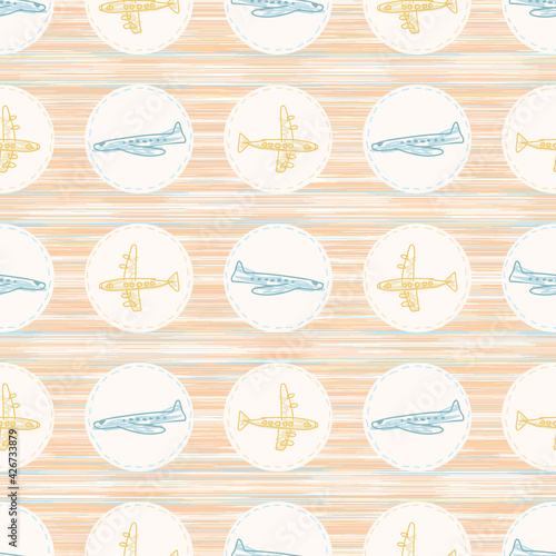 Cute crayon plane scribble kid doodle background. Hand drawn earthy whimsical motif seamless pattern. Naive travel character cartoon for minimal baby nursery decor. Neutral scandi style unisex.