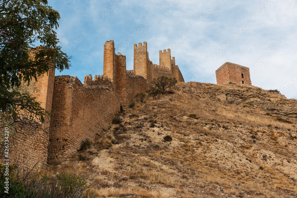 medieval castle wall of Albarracin, Aragon, Spain, sunny day