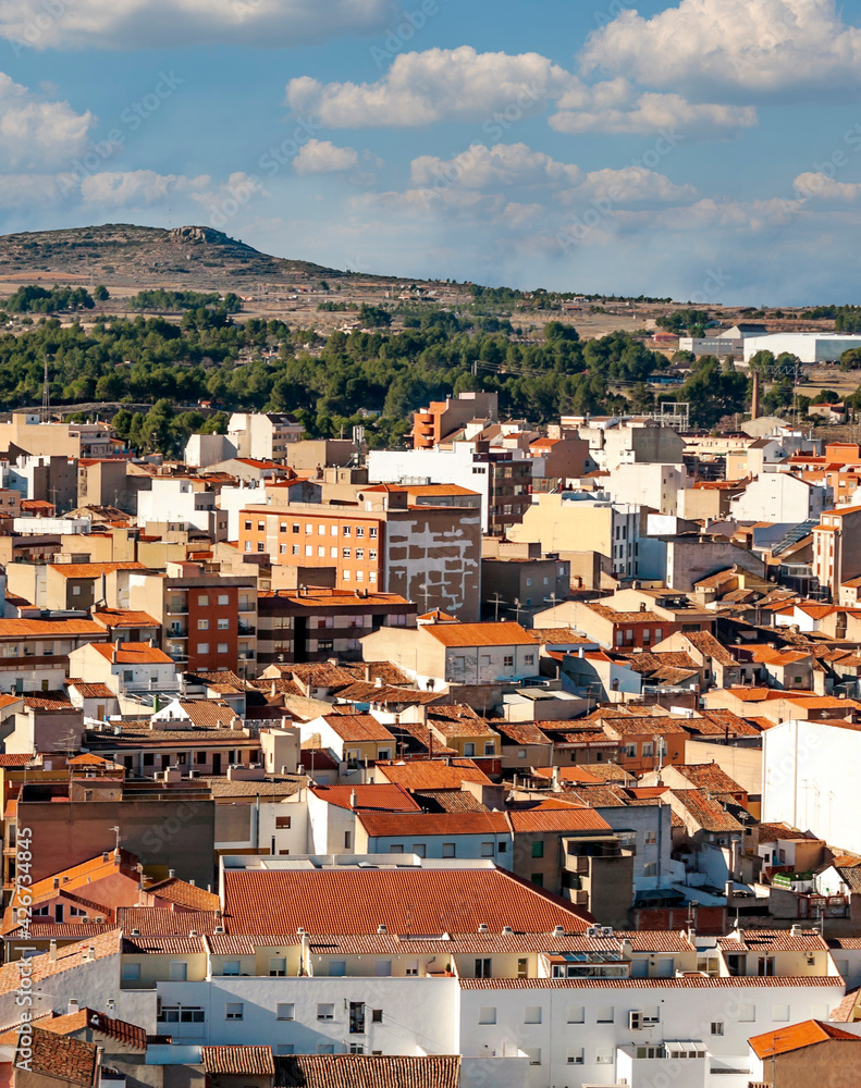 Aerial view of Almansa in the mountains of Albacete in Spain.