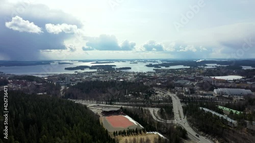 Aerial view of Kuopio from Puijo hill in the spring, Finland.