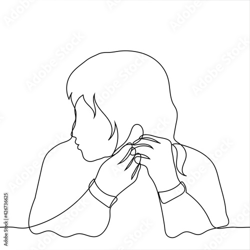 girl with long hair puts an earring on herself - one line drawing vector. the concept of getting ready for a meeting or a date, trying on an earring when buying bijouterie or jewelry indications