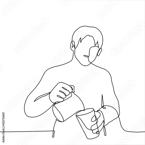 Man makes coffee - one line drawing. concept barista pours milk into coffee cups.