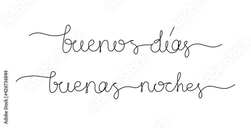 Continuous line drawing text - buenos días, buenas noches - good morning, good night on Spanish. Minimalist vector lettering isolated on white background for banner, poster, and t-shirt.