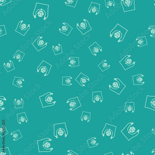 Green Thief surrendering hands up icon isolated seamless pattern on green background. Man surrendering with both hands raised in air. Vector