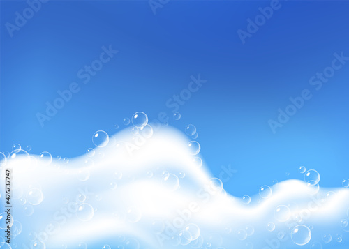 Beautiful blue background with realistic Soap foam with bubbles. Shampoo bubbles texture. Shiny washing hygiene detergent. Empty place for your text. Vector illustration