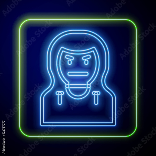 Glowing neon Thief mask icon isolated on blue background. Bandit mask, criminal man. Vector
