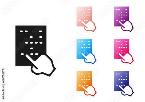 Black Braille icon isolated on white background. Finger drives on points. Writing signs system for blind or visually impaired people. Set icons colorful. Vector