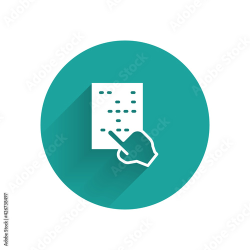 White Braille icon isolated with long shadow. Finger drives on points. Writing signs system for blind or visually impaired people. Green circle button. Vector