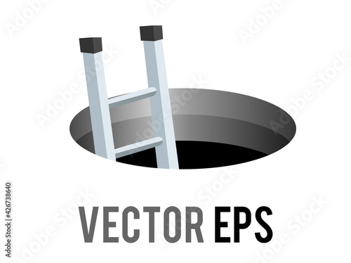 Vector round black cartoon styled hole, manhole icon with silver metal stairs