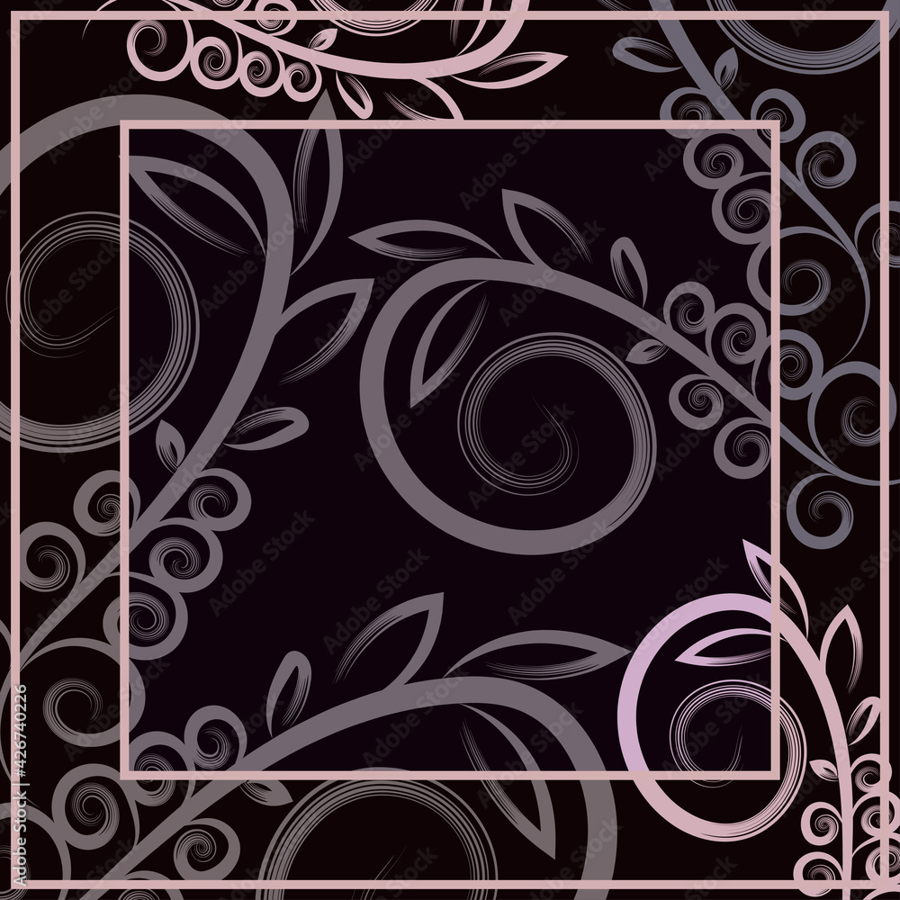 Vector floral pattern with decorative leaves and pink abstract curls on dark background for textile design, fabric, scarves, shawl, hijab, squared pattern Vector floral pattern with decorative leaves and pink abstract curls on dark background for textile design, fabric, scarves, shawl, hijab, squared pattern