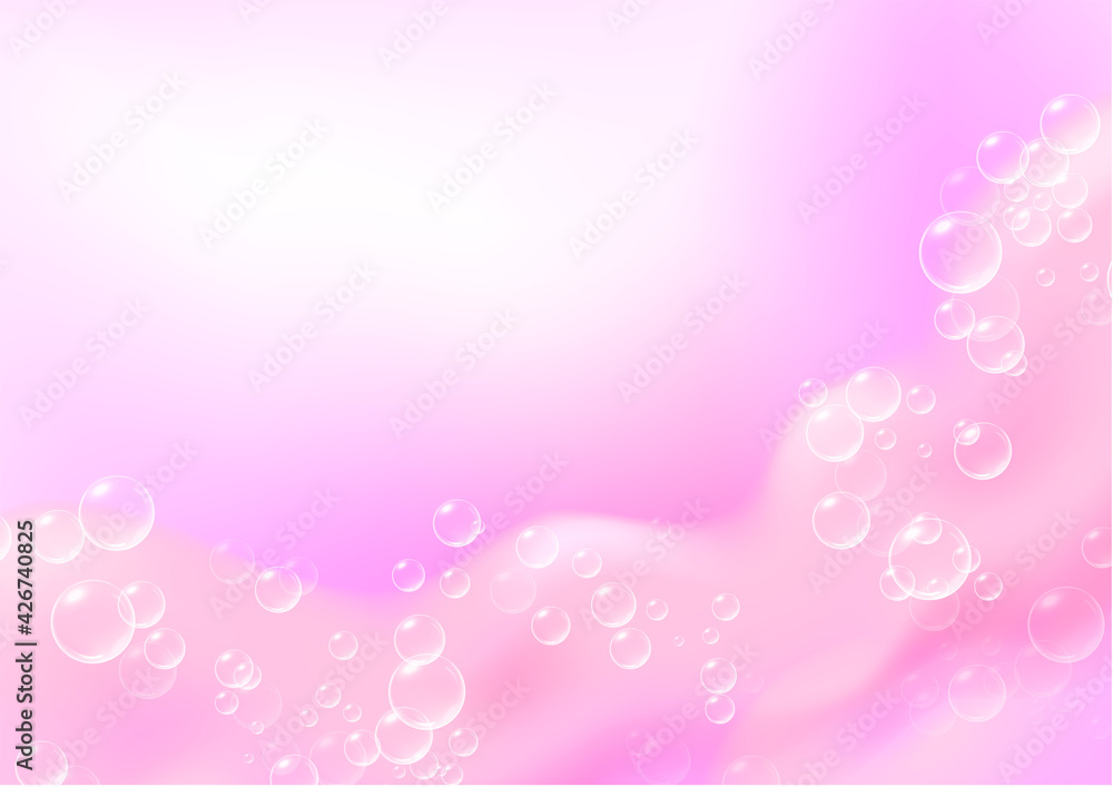 Beautiful light background with Bath pink foam and empty place for your text. Shampoo bubbles texture. Sparkling pink shampoo and bath lather. Vector realistic illustration.