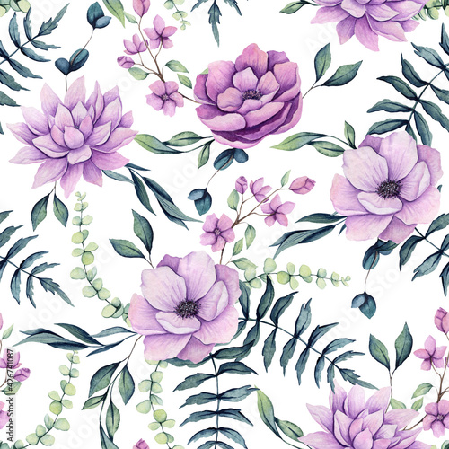 Seamless Pattern of Watercolor Fern Leaves and Pink Flowers