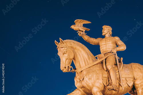 Vitebsk, Belarus. Monument To Algirdas With Falcon In Hand On Background Starry Sky photo