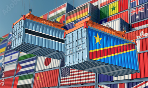 Freight containers with Democratic Republic of the Kongo and Botswana national flags. 3D Rendering 