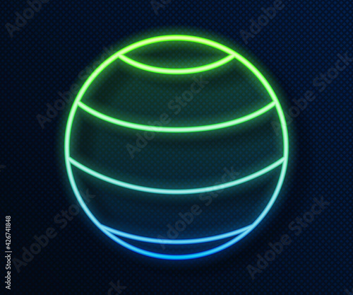 Glowing neon line Fitness ball icon isolated on blue background. Gym ball. Vector