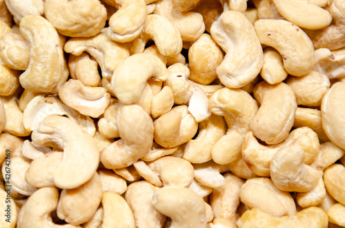 Roasted cashew nuts, top view. Cashews nut background