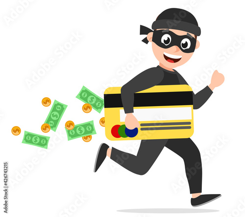 A thief in a mask runs and smiles with a credit card and dollars. The character