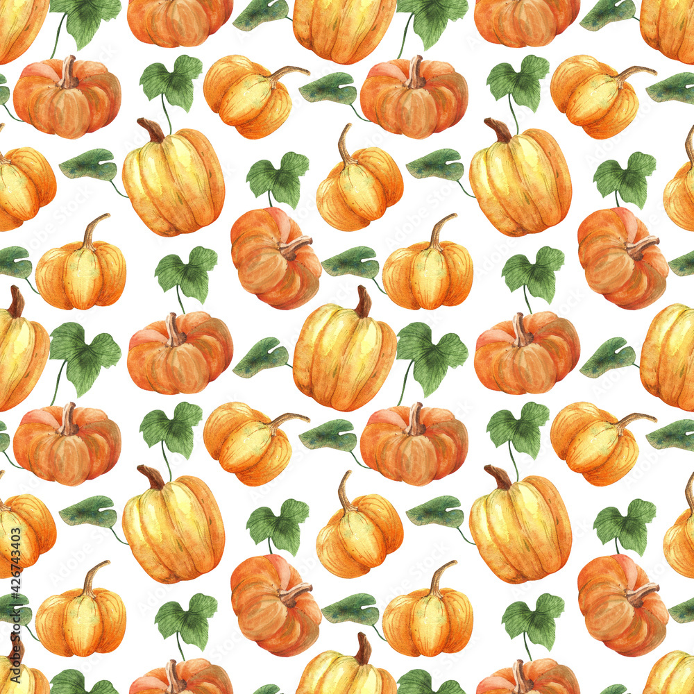 Hand drawn watercolour pumpkins. Seamless pattern isolated on white background. Hand drawn watercolour pumpkins. Seamless pattern isolated on white background.