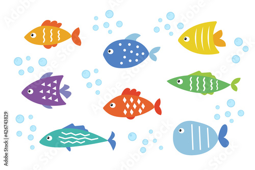 Colorful cartoon sea fish set. Flat vector isolated illustration on white background. Exotic tropical decoration. Aquarium elements. Pet store icons. Cartoon animals characters. Summer sea pictures.