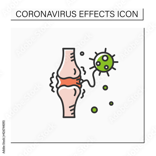 Joint pain color icon. Covid molecule attacking joints. Concept of corona virus disease system health effects, arthritis and high fever symptoms. Isolated vector illustration
