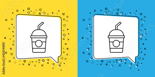 Set line Milkshake icon isolated on yellow and blue background. Plastic cup with lid and straw. Vector