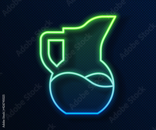 Glowing neon line Milk jug or pitcher icon isolated on blue background. Vector