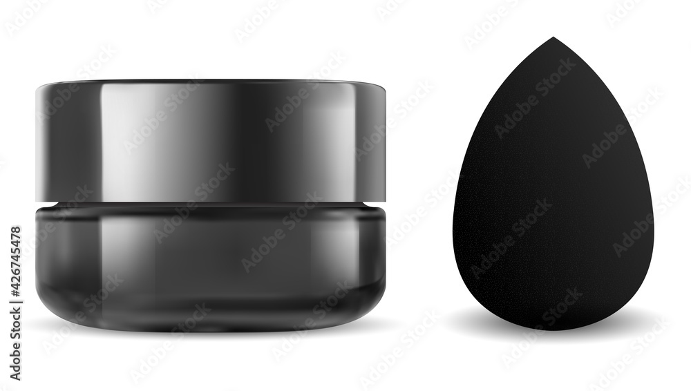 Black cosmetic jar. Makeup sponge, beauty blender mockup. Face powder blanding applicator 3d blank. Premium foundation product advertising. Glass cream jar, charcoal can, skin scrub Black cosmetic jar. Makeup sponge, beauty blender mockup. Face powder blanding applicator 3d blank. Premium foundation product advertising. Glass cream jar, charcoal can, skin scrub