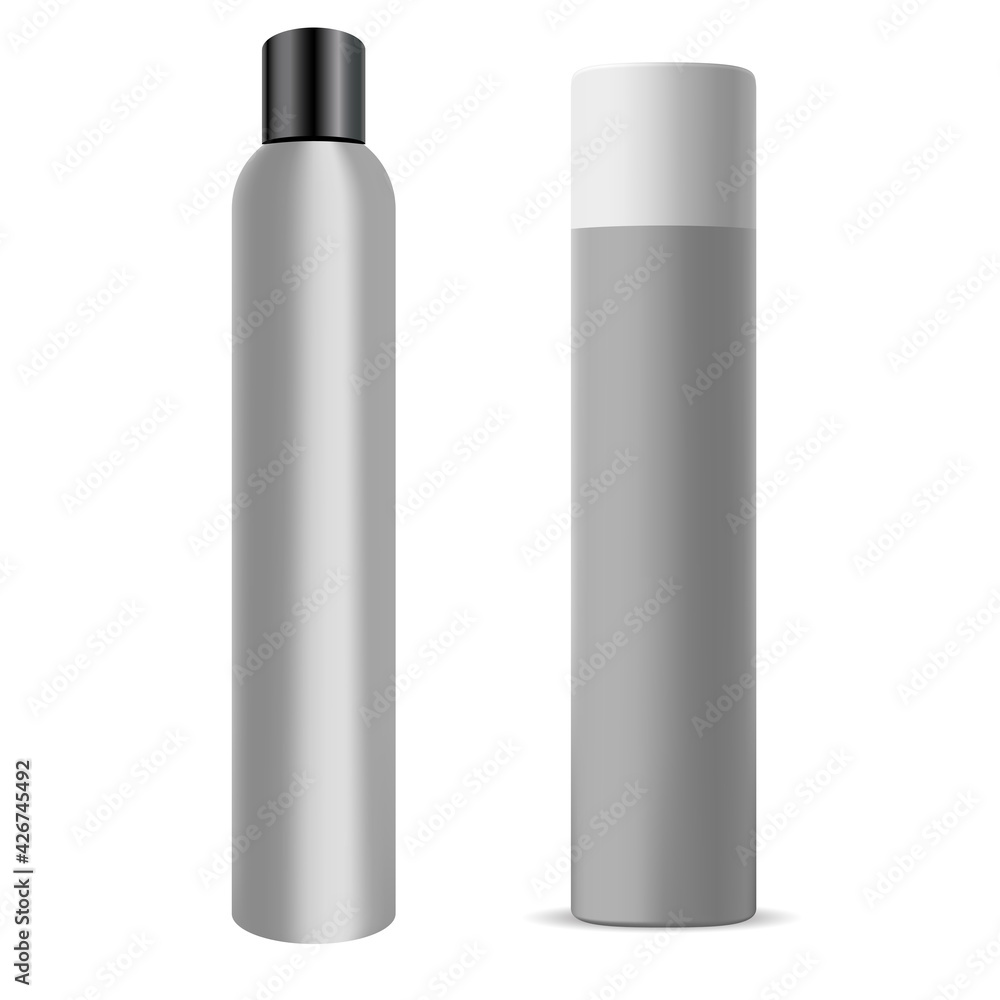 Hair spray bottle. Chrome deodorant can, hair aerosol cylinder mockup. Aluminium hairspray container blank, realistic toilet refresher design, round sprayer packPaint tin packaging with sprayer cap Hair spray bottle. Chrome deodorant can, hair aerosol cylinder mockup. Aluminium hairspray container blank, realistic toilet refresher design, round sprayer packPaint tin packaging with sprayer cap