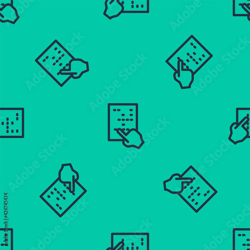 Blue line Braille icon isolated seamless pattern on green background. Finger drives on points. Writing signs system for blind or visually impaired people. Vector
