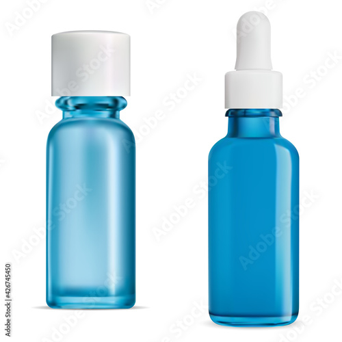 Moisture dropper bottle. Serum bottle 3d mockup on white background. Pipette drop essence container set. Realistic beauty collagen flacon illustration. Vape flask pack. Essential oil bottle