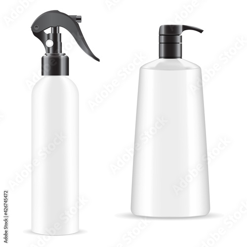 Hand spray bottle. Soap pump dispenser mockup. 3d vector package with trigger, pistol spray container for deodorant, aerosol freshener. Body lotion of shower gel pet can template, plastic