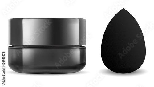 Black cosmetic jar. Makeup sponge, beauty blender mockup. Face powder blanding applicator 3d blank. Premium foundation product advertising. Glass cream jar, charcoal can, skin scrub
