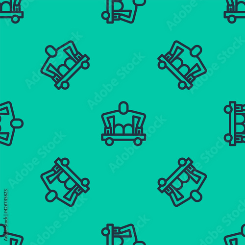 Blue line Man without legs sitting wheelchair icon isolated seamless pattern on green background. Disability concept. Guy with physical disabilities. Vector