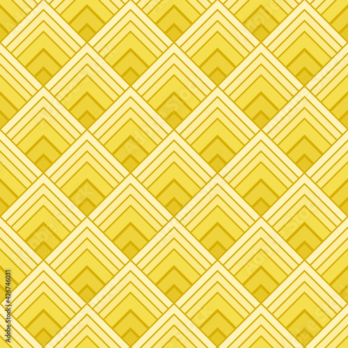 Art deco art style yellow diamond shape. Seamless geometric pattern background. Color trend of 2021. Textured design for fabric, tile, poster, textile, backdrop, flyer, wall. Vector illustration.