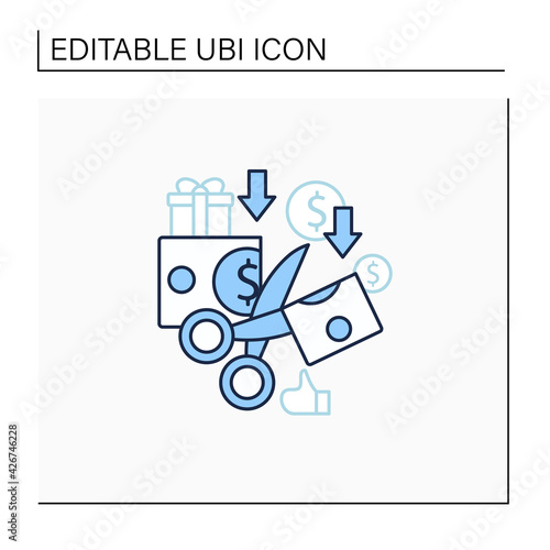Less spending line icon. Reasonable money use. Mindful spending.Scissors cut money.Universal basic income concept. Isolated vector illustration.Editable stroke