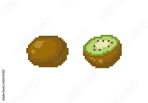 Pixel a kiwi Illustration. Vector pixel art kiwi and kiwi slice.