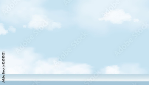 Empty studio room with fluffy clouds on wall, Gallery Interior with shine illuminated spotlight. Realistic Museum interior with blue sky wallpaper background- Vector illustration