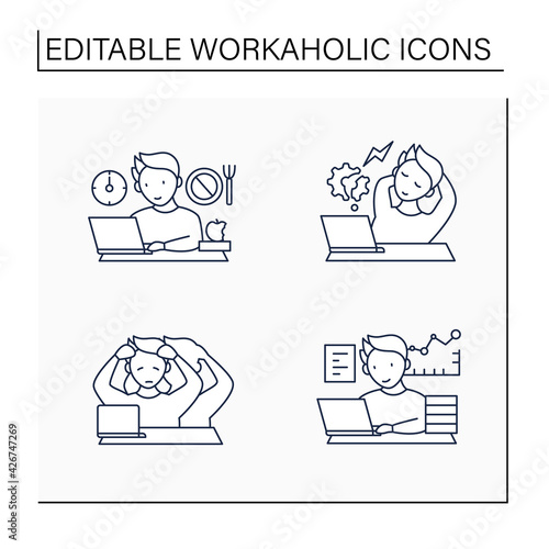 Workaholic line icons set. Workaholism prevention, consequences. Depersonalization, counterproductive behaviour, skip breaks.Overworking concept.Isolated vector illustrations.Editable stroke