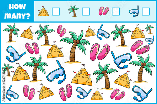 Educational mathematical game. Count the number of beach accessories. Count how many 
beach accessories. Counting game for children.