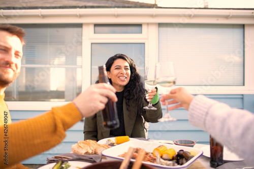 Happy friends toasting wine and beer over seafood lunch on patio photo