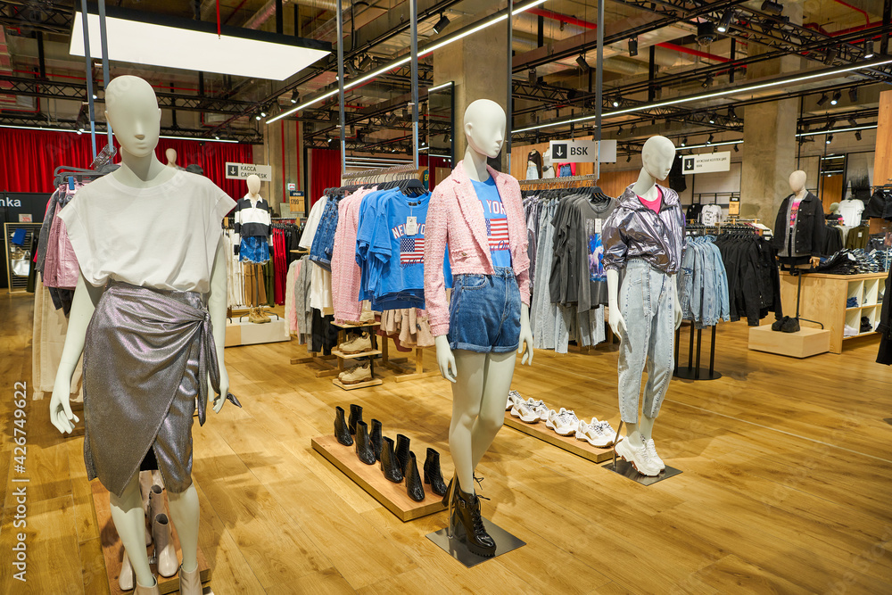 MOSCOW, RUSSIA - SEPTEMBER 14, 2019: interior shot of Bershka store at  Salaris shopping mall in Moscow. Stock Photo | Adobe Stock