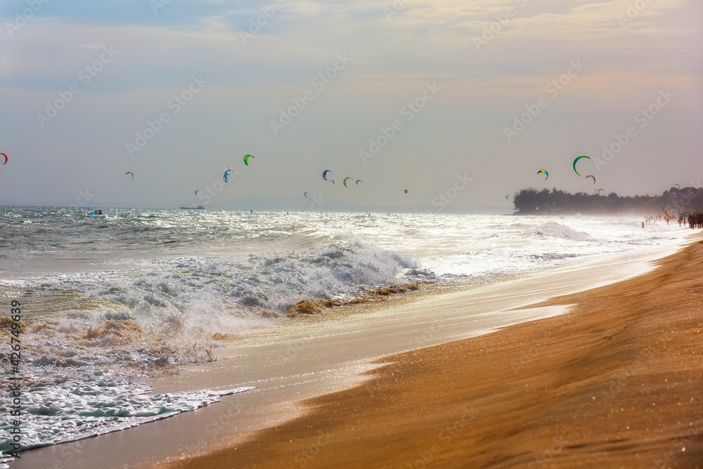 Beautiful Mui Ne white sandy beach at sunset, Vietnam. Beautiful Mui Ne white sandy beach at sunset, Vietnam.